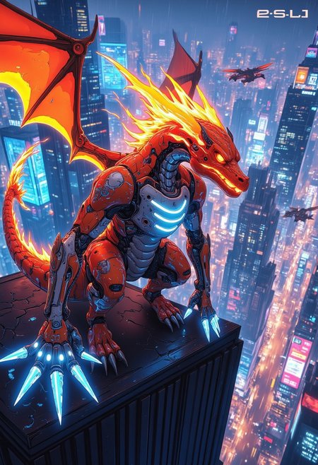 A cyberpunk Charizard, its scales replaced with sleek metallic plating glowing faintly with orange and blue neon lines. Its wings are made of translucent energy panels, crackling with electric currents, while its tail flame burns as a vibrant plasma orb, pulsing with shifting colors. Charizard sits atop a futuristic skyscraper. Cinematic focus on Charizard, with the cyberpunk skyline in the misty distance. aidmaMJ6.1, anime.