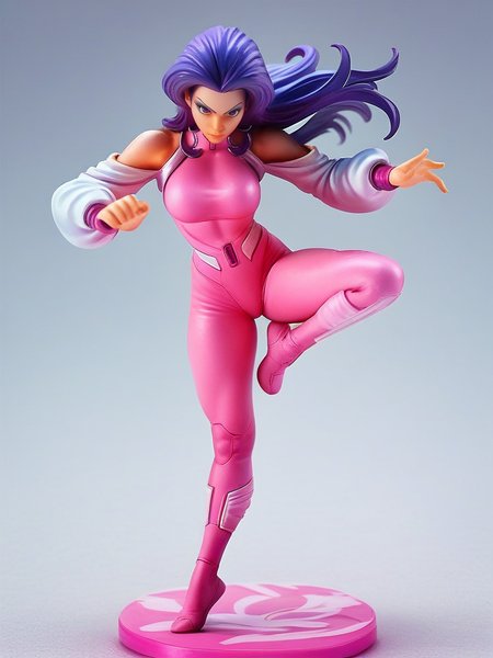 score_9, score_8_up, score_7_up, 1girl, fighting stance, sexy pose, full body, (dynamic pose:1.1), dynamic angle, simple background, one leg up, 
<lora:APsylockePink_character:0.8>, PsylockeXL, purple hair, purple eyes, long hair, clothing cutout, shoulder cutout, detached sleeves, pink bodysuit, makeup, bodysuit,   <lora:Anime_Figure_P1:1> figure
