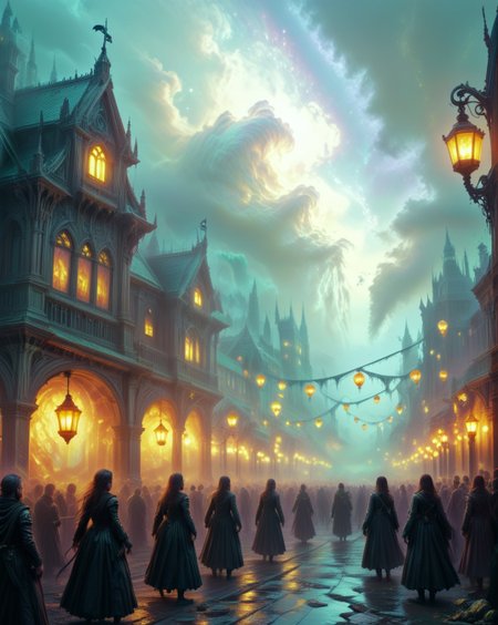 dark fantasy atomic-bloom lanterns, Victorian jade inlays, nanoweave suspension nets in, digital-realm grids, Gothic Revival x Prehistoric shell textures style, void-wind particle streams,Nacreous night: Mother-of-pearl clouds glowing with forbidden colors,
random crowds of passers-by in landcscape,
 <lora:ral-dark-fantasy-il:1>,eldritch horror,
<lora:extremely_detailed:0.5> extremely detailed,
<lora:DetailMaximizer:0.3>,
 <lora:Dream Scenery XL:0.3> Dream Scenery,
<lora:add-detail-xl:0.5>,
detailxl