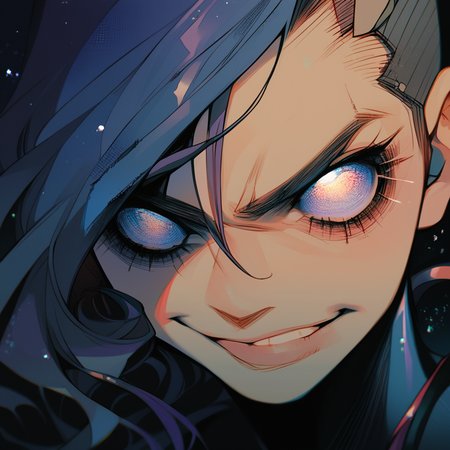 score_9, score_8_up, score_7_up, score_6_up, score_5_up, score_4_up, 1girl, close-up, asymmetrical hair, (curly hair:.7),  detailed eyes, galaxy eyes, neon eyes, smirk, <lora:Sinozick_Style_XL_Pony:.65> sinozick style, flat colors, dark theme, <lora:amazuyu-tatsuki-Style-PonyXL-000050:.7>  <lora:Vivid_Neon_Mess_Style_PONY:.3>