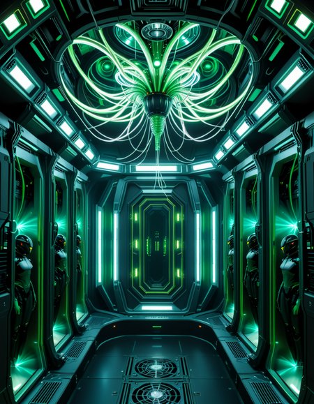 A dark, oppressive regeneration chamber deep within a Borg vessel â a biomechanical environment where drones return to recharge and interface with the collective. The chamber is dimly lit with pulsating green and white lights that flicker through dense shadows. The walls are lined with vertical alcoves, each containing a Borg drone standing motionless, plugged into the system via biomechanical tendrils, tubes, and neural interfaces embedded into their bodies.
The surfaces of the room are a fusion of metallic plating, organic texture, and cybernetic growths â as if the ship itself is alive, constantly shifting and adapting. Steam hisses softly from vents near the floor, and faint mechanical whirring echoes through the chamber. Fiber optic cables pulse with data transmissions, running across the ceiling like glowing veins. 
Above, a central neural conduit hangs like a mechanical spine from the ceiling, branching out and connecting to each alcove, feeding the collective hive mind with real-time information. The atmosphere is cold, sterile, and unnervingly silent â a place devoid of individuality, where only the will of the collective exists. There is no comfort here, only efficiency, order, and total control. 
<lora:SDXLFaeTastic2400:0.4> <lora:extremely_detailed:0.4> extremely detailed,<lora:borg_recharge_ch4mb3r:1>,borg recharge ch4mb3r, Masterpiece,best quality,hi res,8k,hi res,8k,award winning,(sharp focus, intricate, highly detailed),