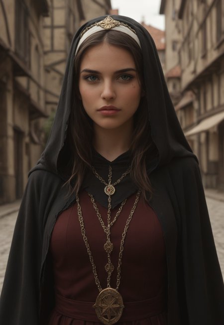 character portrait.
A war-torn medieval town, with crumbling buildings, scorch marks on the streets, and the somber silence of a recent battle.
A compassionate priestess, surrounded by a calming aura. Her voice is soothing as she invokes divine blessings.
dynamic, dramatic,
 (8k uhd:1,4)
 <lora:add-detail-xl:1>
 <lora:Dynamic Poses:1>