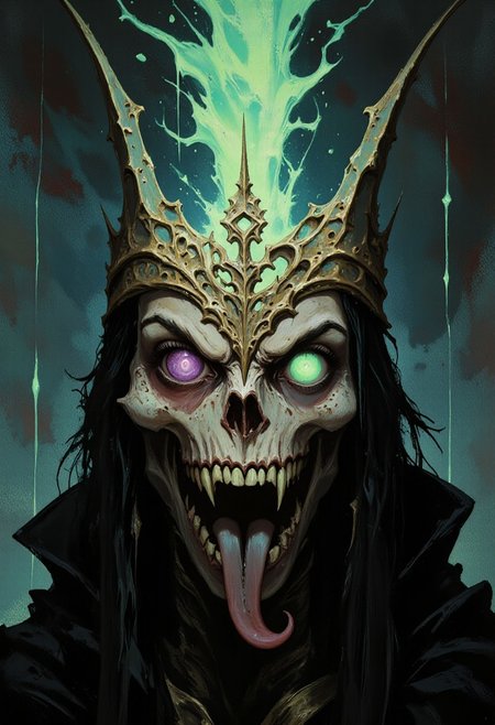 "A masterful oil painting in the darkest gothic fantasy style, depicting a close-up portrait of the dreaded Lich Zaldara. His skeletal face, half-covered in decaying flesh, glows with an eerie emerald light from within the hollow sockets. Jagged bone spires crown his forehead like a grotesque diadem, dripping with black ichor. The background swirls with tormented spirits in a chaotic dance of despair, rendered in thick, violent brushstrokes of midnight blue and gangrenous green. His lipless mouth hangs open in a silent scream, revealing needle-like teeth and a forked tongue that whispers forgotten curses. The painting's focal point is his left eye - a pulsating violet orb with a slit pupil, radiating waves of necrotic energy that distort reality around it. Shadows cling to his form like living tendrils, dissolving into the abyss below his jawline. The texture shows every crack in his ancient bones and every strand of his wild, bone-white hair floating as if underwater. A sickly golden halo frames his head in cruel irony, illuminating the flayed skin still clinging to his cheeks. Painted with hyper-realistic detail using chiaroscuro techniques, the composition balances macabre beauty with visceral horror. The viewer can almost hear the whispers of the damned emanating from the canvas."