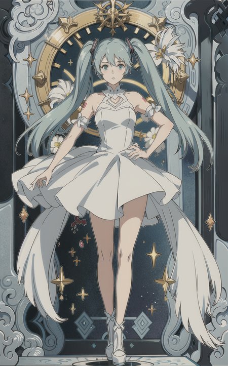 1girl, (masterpiece, best quality, perfect eyes, beautiful face and eyes:1.2), hatsune miku, white dress, standing, dynamic pose, floating, full body