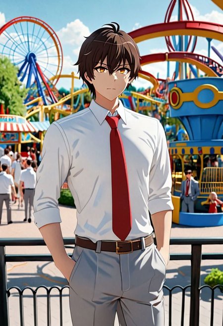Highres, Masterpiece, High Quality, 4K, 8K, solo, 1Boy, Seiya Kanie, short dark brown hair, golden eyes, white dress shirt, red armband, manager, red tie, gray pants, theme park, easynegative, detailed_eye_model