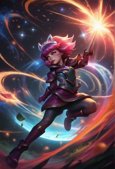 photorealistic, real aesthetic, masterpiece, high quality, Annie, (League of Legends), action shot, outerspace background, shallow depth of field, detailed background, dynamic angle, volumetric lighting, high resolution