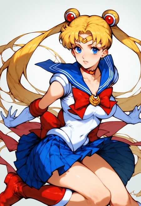 <lora:PONY-ç»-SVC:0.8>,score_7_up, score_8_up, score_9_up, capcom_snk,solo,1girl,  <lora:PONY-äºº-ææ:0.8>,sailor moon, blonde hair, blue eyes, double bun, hair bun, hair ornament, long hair, twintails, circlet, parted bangs,back bow, blue sailor collar, blue skirt, boots, bow, brooch, choker, crescent moon, elbow gloves, gloves, jewelry, knee boots, magical girl, pleated skirt, red bow, red choker, ribbon, sailor collar, sailor senshi uniform, skirt, white gloves,, uncensored,<lora:add-detail-xl:1>,<lora:Expressive_H-000001:0.8>