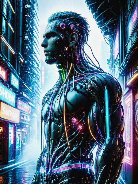 mad-cbrbdy man, surreal digital cityscape, haze, steam, rain, neon light, cyberpunk, <lora:Neon_Cyberpunk_Cyberbody_v2_SDXL:1.2>, raw photo, film grain, Fujifilm XT3, (photorealistic, realistic:1.2), deep shadow,  8k, uhd, dslr, ultra high res