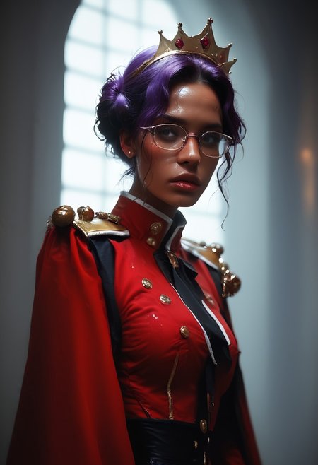 score_9, score_8_up, score_7_up, score_6_up, close shot, photo, realistic face, pretty face, 1girl, Anthy, Crown, (dark skin:1.2), purple hair, Glasses, Red dress, long dress, epaulettes, aiguillette, skin texture, moist skin, pores, dynamic lighting, detailed shadows, marble gothic palace, dim light), ExpresHGothicNeonIncase