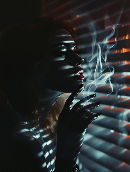 neo-noir ethereal portrait, chrome-kissed halides, venetian blind shadows, cigarette smoke tendrils, neon-rimmed silhouette, film grain texture dissolving into liquid silver, haunted glamour meeting urban decay –style raw 80
