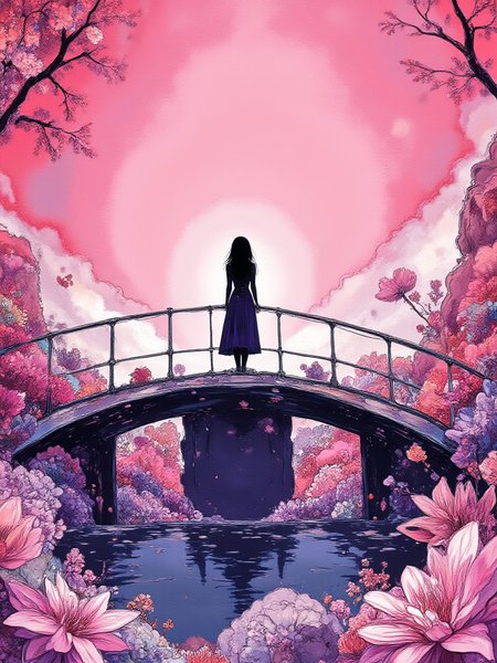 An illustrated image of a woman standing on a bridge made of light, overlooking a city of crystals. <lora:InkEdgeMono-Complex_Epoch-08:1.0> 1NK3D63-M0N-C0M,  
<lora:inkedgemono-simple_epoch-08:0.5> 1NK3D63SIM, 
background is cherry blossom pink <lora:Midjourney_Whisper_AgateX_v1:0.5>, border is lotus flower
 <lora:Midjourney_Whisper_Minimal:1.0>
| no deformed hands, no too many limbs, no too many fingers,