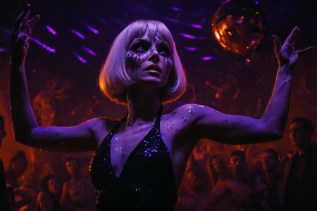 cinematic still, Elvira Hancock in the Scarface sequel’s Hell, the Gilded Phantom, platinum bob glowing under flickering violet strobes, black sequin halter dress clinging to her in mid-twirl as her porcelain skin cracks like porcelain, arms lifted in a slow, ritualistic waltz, upper body close-up, low-angle tracking shot, background a swirling mass of demon partygoers frozen in unsettling poses beneath a melting disco ball, mood of ecstatic decay and surreal performance, strobe-lit shadows slicing across her face, color palette of electric purple, ember orange, and obsidian black, style reference: The Neon Demon’s neon-soaked horror and Scarface excess
