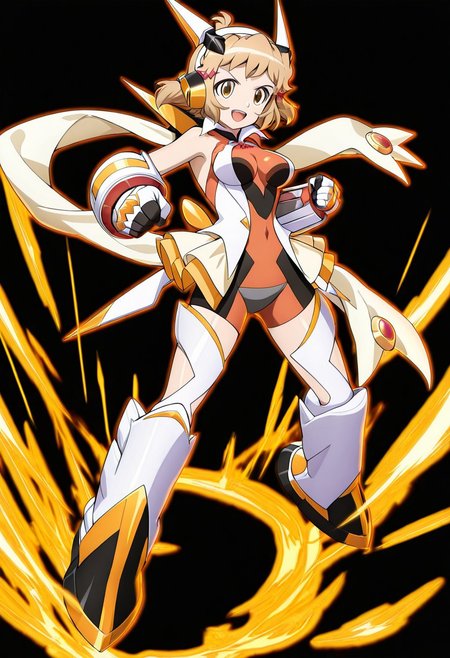 masterpiece, best quality, amazing quality, very aesthetic, absurdres, newest,shiny skin,, anime screenshot,  anime coloring,  1girl, solo, 1girl, solo, SymphoBikkie, blonde hair, fluffy hair, yellow eyes, short hair, red hair clip, red symphogear necklace, orange and black_gng_shirt, orange and black gng_headgear, gold and white gng_bow, white gng_collar, bare shoulders, white gng_jacket, sleeveless jacket, orange and black gng_bike_shorts, black crotch plate, white and yellow gng_waistcape, white and gold gng_gauntlet with red trim, white gloves with black fingers, white and yellow gng_thighstraps, white and black gng_boots with yellow highlights, gng_scarf, yellow and white gng_back_neck_bow with black trim, simple background,  black background,   open mouth,  powering up,  clenched hands, looking at viewer, xdive, smile, Full body,