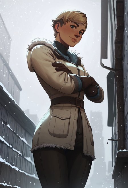 score_9, score_8_up, score_7_up, score_6_up, zPDXL3, detailxl, solo, cowboy shot, below angle, 1 woman, (Sh3rryre6), short hair, blue eyes, pixie cut hair, blonde hair, age 23, winter jacket, white jacket, turtleneck, belt, fur trim, leggings, gloves, (small shy smile), looking at viewer, narrow waist, wide hips, slim thighs, perfect quality, gorgeous girl, detailed eyes, perfect face, pinup girl, (long legs, thigh gap), (city alleyway), standing, arms crossed, (heavy snow), (snowing), depth of field, hips focus, (short stone wall), side view, dusk, detailed shadows