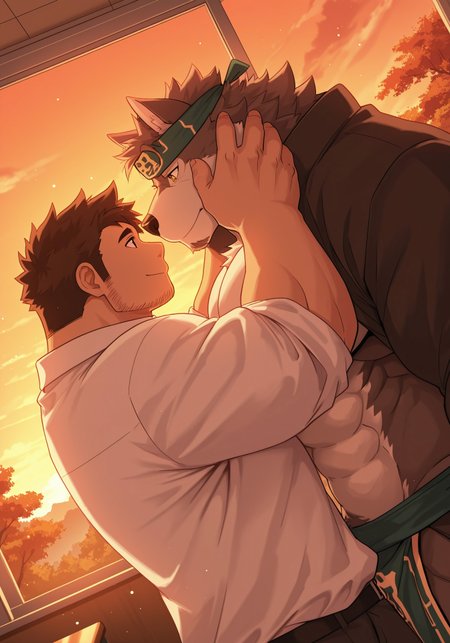 3ch1n, k0k0b001ll, 2boy, male, male focus, bara, ((masculine)), HorkeuKamui, wolf, brown and white fur, furry, yellow eyes, muscular, broad shoulders, thick thighs, huge pecs, headband, jacket over shoulders, pelvic curtain, shirtless,
BREAK
Human, Housamo protagonist, short brown hair, stubble, muscular, large pecs, white button up shirt, 
embracing, in classroom, hands on each others face, looking at each other, size difference,
day, sunset, autumn, Japanese classroom, large windows, soft shadows, rays of light, dust particles, contrast, (((dutch angle))), close up view, face focus, upper body only, foreshortening, creative angle,
masterpiece, best quality, absurdres, very aesthetic