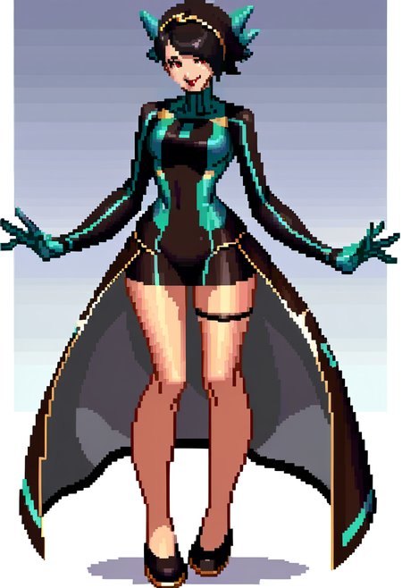 score_9, score_8_up, score_7_up, source_anime, BREAK, solo, 1girl, smile, looking at viewer,  <lora:KOF-XIII-Sprite-Style-pdxl_Fp:1>, simple background, full body, pixel art, standing, <lora:zs_PanagiaYokoXL:0.8>, panagiayokosmtvv, short hair, black hair, swept bangs, headband, red eyes, red lipstick, turtleneck, bodysuit, skirt, green gloves, thigh strap,