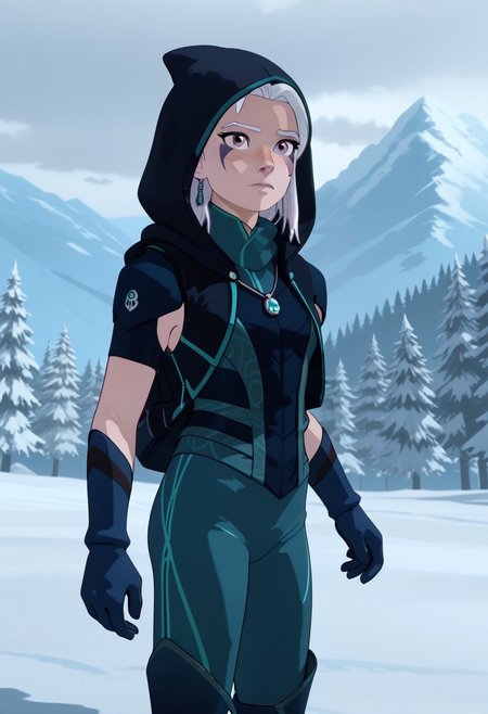 Score_9, Score_8, Score_7, TDPStyle, solo, outside, winter, Rayla, White Hair, RayFacepaint, Colored Skin, gloves, solo, Raybodysuit, Hooded