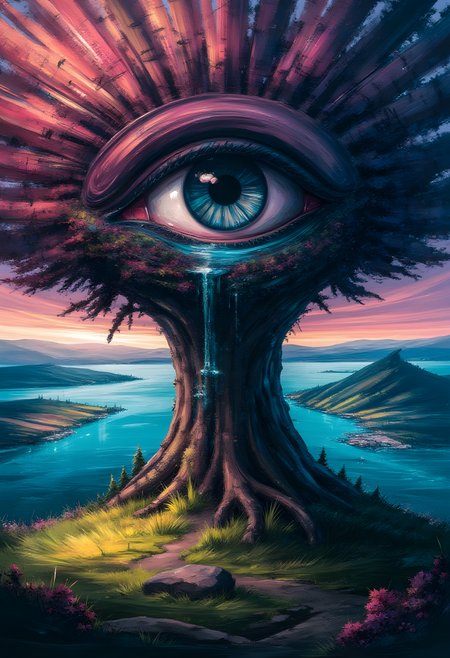 cinna flow, an eye in a tree near water, in the style of brian despain, dripping paint, expansive landscapes, highly detailed, surrealistic urban scenes, mars ravelo, mati klarwein, vibrant, Masterpiece, (32k:1.0), perfect anatomy, enhanced resolution, best quality, enhanced details, best artist, sharp edges, detailed textures, ((full body shot)), atmospheric lighting, visually stunning, perfect composition, trending on behance