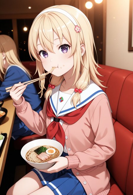 masterpiece,best quality,absurdres,highres,very aesthetic,high quality,detailed,insanely detailed,beautiful,perfect lighting, ,depth of field,blurry background,bokeh, looking at viewer, 
<lora:Reo Wakasa illu:1> 1girl, blonde hair, purple eyes, hair ornament, hairband, long hair, hair bobbles, pink cardigan, red neckerchief, serafuku, blue skirt
holding chopsticks, food on face,  eating, noodles, solo focus, holding bowl, looking at viewer, indoors, ramen, sitting,