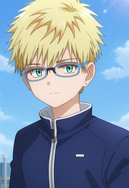 score_9, score_7_up, source_anime
RiohSonidori, 1boy, male focus, solo, green eyes, glasses, blonde hair, jewelry, earrings, jacket, blue jacket, zipper, upper body, looking at viewer,
outdoor, sky