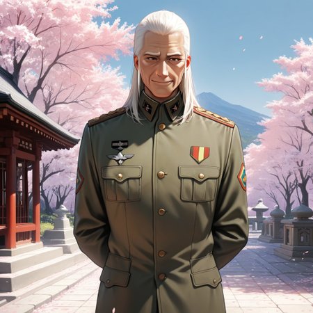 masterpiece, best quality, amazing quality, absurdres, newest, detailed background, definition so sharp, Ultra-HD, 8K cinematic, very awa, impressionate, amazing quality, highres, 
solo, male focus, manly, 
daikakukokujouji, lieutenant_white hair, lieutenant_brown eyes, 1boy, solo, old man, long hair, standing, hands behind back, serene expression,military uniform, sharp, confident posture, temple grounds, cherry blossoms, blue sky, respectful, dignified, composed, watchful, protective, subtle smile