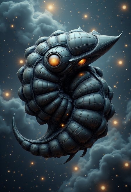 yfg-ge0m, A yfg-bgy nautilus-like being with a dark, segmented shell and glowing yellow eyes floats in a cosmic nebula.