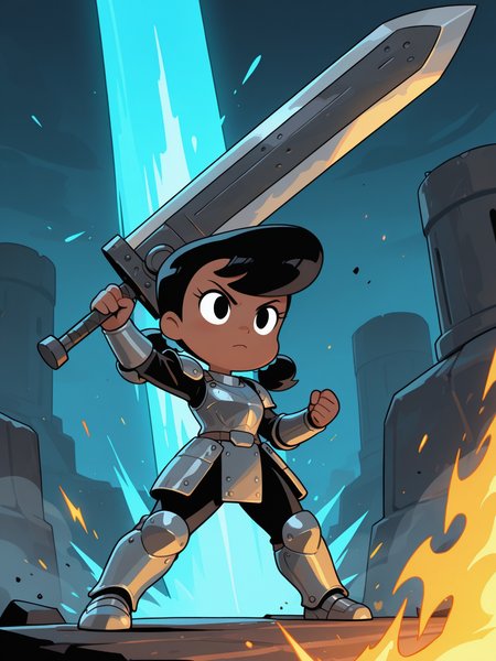 <lora:DotIL:0.5> d_t, 1girl, black eyes, brown skin, black hair, bangs, double pompoms hair, scrunchie,
gigantic sword, steel armor,glowing liens, action, full body, glowing background