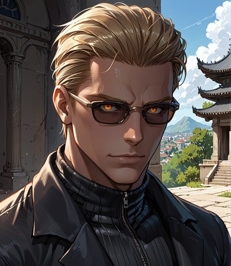 PonyScores7, source_anime, ah1, BREAK <lora:albertwesker-guy-PONYv1:0.8> albertwesker, albert wesker, 1boy, blonde, black gloves, (sunglasses:1.3), belt, black coat, black pants, looking at viewer, toned, athletic, fit, slicked back hair, black turtleneck, zipper, mature male, short hair, black boots, (drawing a sketch), (temple), ((Shame expression)), (focused, intense glare), (reddish orange eyes, slit pupils), (angular face, sharp_featured face), handsome, charming, alluring, BREAK <lora:xl_more_art-full_v1:0.2>, <lora:shinyskin2:0.2> glistening skin, <lora:aesthetic_anime_v1s:0.2>, <lora:Expressive_H:0.2> Expressiveh, <lora:hairdetailpxl:0.2> hairdetailpxl, <lora:EpicF4nta5yXL:0.2>, <lora:detailxl:0.2> detailxl, <lora:Fant5yP0ny:0.2>, best quality, amazing quality, best aesthetic, absurdres, <lora:expressive eyes:0.2> expressive eyes, <lora:eyedetailpxl:0.2> eyedetailpxl, illustration, Volumetric_Lighting, ultra-detailed, very aesthetic, intricate details, 8k, masterpiece, best_quality, BREAK (High Angle (from the side) view medium Distance shot), BREAK <lora:Eyes_High_Definition:0.3> EyesHD, Stable_Yogis_PDXL_Positives, AS-Adult, <lora:Complicated fantasy portrait - XL Pony V2.0:0.4>, bad-hands-5, AS-MidAged,