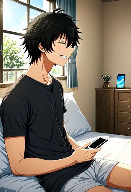 high resolution, solo, best quality, 1Boy, Seiya Kanie, black hair, short hair, thin, holding smartphone, t-shirt, on the bed, sunny day, window, smile, open eyes, side view, sit, nap, indoor, bed room, OverallDetail