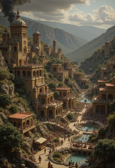 detailed city, 
A village under siege by an army of twisted creatures, with burning buildings and terrified townspeople fleeing for their lives.