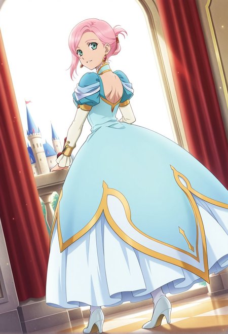 detailed eyes, beautiful, detailed background, perfect eyes,
source_anime, very aesthetic, anime coloring, masterpiece, official art,
<lora:HandFineTuning_XL:1>
BREAK,
castle, royal palace, indoor,
light smile, dynamic angle, from behind, full body,
looking back, light smile, parted lips, 
BREAK,
<lora:estelleX_illustriousXL_v03:0.85>
estellernd, estellead, pink hair, short hair, green eyes, bangs, swiped bangs, tied hair
blue dress, long dress, princess dress, puffy sleeves, long sleeves, white sleeves, 
high heels,