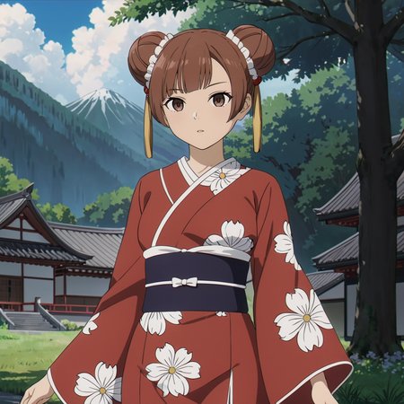 <lora:LaufenXL002>,<lora:DetailedEyes_V3:1.6>,
solo,
anime screencap,
Laufen,1girl,brown hair,double bun,brown eyes,hair_ornament,
print_kimono,cowboy shot,