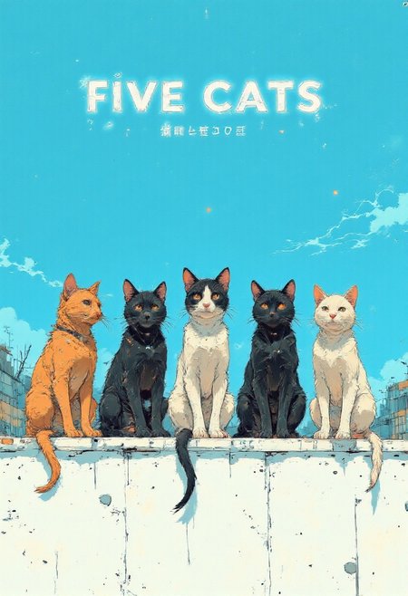 Five cats sitting side by side on a white wall, viewed from behind, displaying natural fur patterns: two tabby, one light gray, and two pure white. Their tails hang naturally, ears perked, and the background features a vivid, cloudless blue sky. Soft, diffused sunlight creates a calm, serene atmosphere with no harsh shadows. The image is photorealistic, focusing on intricate fur textures and a smooth, clean wall surface, emphasizing balance and symmetry. The cats are spaced evenly at eye level for a harmonious composition.
In the blue sky, the phrase "Five Cats" is written in bold, modern sans-serif type, with a subtle gradient effect that mimics the fur patterns of the cats. The letters transition from light gray to white, with a soft shadow for depth. The text is centered and balanced to complement the symmetry of the composition.
Beneath the title, in an italicized, playful font, the caption reads:  
*"They may seem peaceful, but they're plotting their next nap... world domination can wait."*  
This is in a light gold tone, subtly standing out without distracting from the overall composition. aidmatextimprover