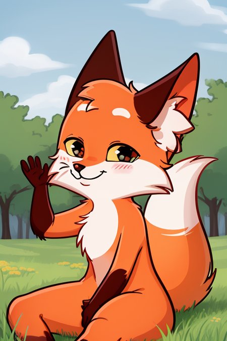 <lora:lisa-10:0.8> 1boy, :3, animal ear fluff, animal nose, blush, fox, furry, furry male, grey background, hand up, hat, no humans, open mouth, orange fur, outline, pappy, sitting, smile, solo, tail, upper body, yellow sclera,
sitting in a meadow, outdoors, (smile:1.2)