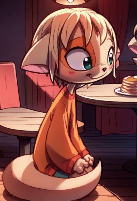 score_9, score_8_up, score_7_up, BREAK source_anime , 
paige,solo,furry,tail,child,kid,
recette, indoors diner, young 1girl, solo, , hair ornament, short hair, hair bobbles, , smile, sitting at table, blushing, bold colors, pancakes, solo, chibi, cute shy smile, recettear