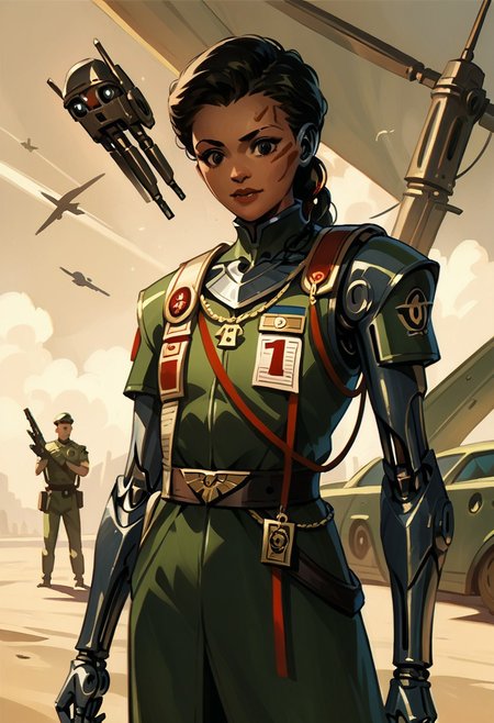 score_9, score_8_up, score_7_up, score_6_up, source_anime, w4rh4mm3r style oil painting, grimdark, young retro-futuristic female army commander, medals on her chest, cybernetic mechanical arms, concept art, realistic, dark theme, low light