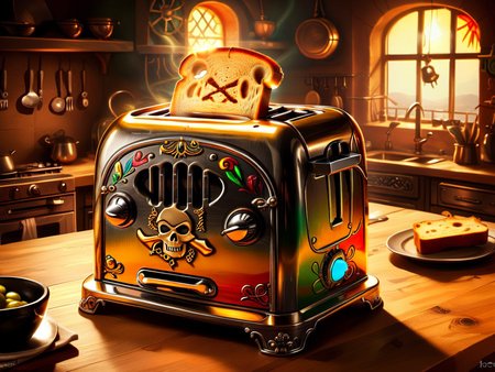 <lora:CulturePunkAI_3:.9> PiratePunkAI   toaster in kitchen  Highly detailed, amazing, Impressive lighting, vibrant colors, Ultra Realistic, High quality, Highly detailed, trending on artstation, intricate detailed background
