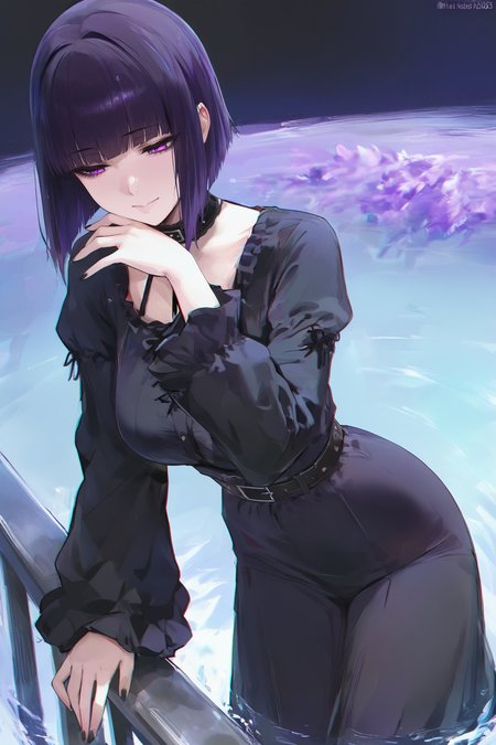 1girl, goth girl, (dark purple bob, side part hair:1.2), lavender eyes, mascara, choker, black long sleeve dress, belt, black nails, wistful expression, looking out at water, leaning on railing, msk12003, masterpiece, best quality, very aesthetic, absurdres, newest