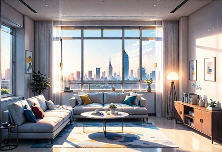 ((front view)), Shallow scene, ((animation style)), modern-style interior, with white walls, (large windows), a  study, Sofa, single wall, 
warm light morning sun, ((City high-rise building scenery)), (clear sky)