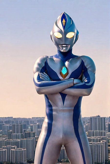 very awe,aesthetically pleasing,masterpiece,best quality,amazing quality,very aesthetic,ultra-detailed,high resolution,8k,1boy,solo,cowboy shot,male focus,detailed face,tokusatsu,alien,bodysuit,glowing eyes,yellow eyes,blue bodysuit, dyn4 blue,standing,crossed arms,giant,looking at viewer,cityscape,<lora:Ultraman Dyna:0.8>,