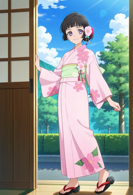 outdoor, street, trees, flowers, clouds,
BREAK,
light smile,  
full body, dynamic angle,
BREAK,
<lora:kohak_illustriousXL_v03:1>
kohakrnd, kohakykt, black hair, purple eyes, blunt bangs, tied hair, short hair, hair flower,
pink yukata, floral print, green sash, 
geta,, source_anime, very aesthetic, anime coloring, masterpiece, 
best quality, amazing quality, ultra detailed, very aesthetic, 
detailed background, 
BREAK,