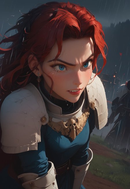 1girl, solo, 24 year old woman, large build, kneeling:1.4, beautiful, long hair, dark red hair, freckles:1.4, face uplifted:1.6, looking up, looking at the sky, earrings, fierce grin:1.5, crying:1.5, teeth clenched:1.4, angry smile:1.5, wide hips, knight armor:1.5, heavy armor, gauntlets, greaves, bright blue eyes, arms at her sides, rain falling on her face:1.5, tan skin, on knees, tears on chin, tears on cheeks,

dusk, after battle, muddy field, some grass, fallen soldiers around her:1.4, storming, dark gray sky, dark sky:1.4, streaming banners, battlefield, intense rain:1.3, dreary, raining, overcast, mountains and hills in the background,

score_9, score_8_up, score_8, masterpiece, best quality, official art, extremely detailed, CG unity 8k wallpaper, absurdres, high definition, photorealism:1.5, detailed shading, high contrast, ambient occlusion, vivid colors:1.5, saturated colors:1.6, 

downward angle:1.3, cowboy shot, cinematic, from above:1.3,

expressiveh, whites40k, tears, 
