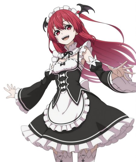 official art, absurdres, highres, anime coloring, hi res, best quality, masterpiece, 2d, intricate details, 4k,
1girl, female, smile, open mouth, :d, long hair, red eyes, red hair, wings, head wings,
maid headdress, maid, maid apron, long sleeves, frilled skirt, frills, frilled dress, frilled sleeves, maid dress, roswaal mansion maid uniform, detached sleeves, 
cowboy shot, 
depth of field, white background, <lora:Angelica_Diarmuit_ILXL:1>, shinmai ossan bokensha, angelica diarmuit,