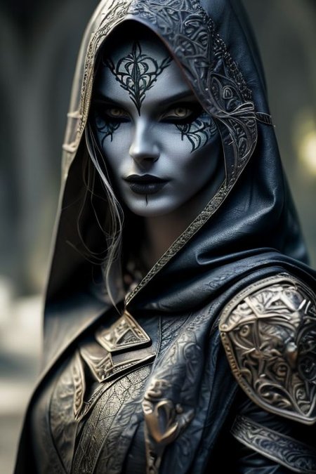 RAW photo, (masterpiece:1.3), subsurface scattering, heavy shadow, (high quality:1.4), (intricate, high detail:1.2), professional photography, HDR, High Dynamic Range, realistic, ultra realistic, photorealistic, high resolution, film photography, ambient lighting, atmospheric effects, <lora:detail_slider_v4:2>, OverallDetail, a female drow rogue, dark makeup, intricate leather armor, jewelry, cape, hood, <lora:Drow:0.8>, epiCPhoto