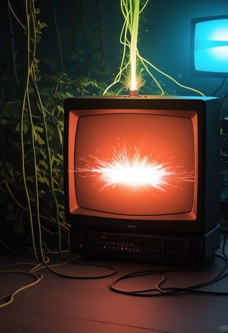 an interesting composition of (dzktxez) , we're outside and this is the end of the world and the scene is overgrown with vines and leaves ((no humans)) and there is a large stack of 1980s style ((television stack)) ((tvs))  televisions that are still turned on, electrical wiring, sparks, magic, ultra HD, realistic 8K raw photography, prismatic sci fi inspired DSLR photography,  HDR, UHD, 64K, vivid details, vibrant colors, natural lighting, volumetric lighting, bokeh,  extremely detailed, cyberpunk theme, retro futurism, 128k, world morph, zPDXL