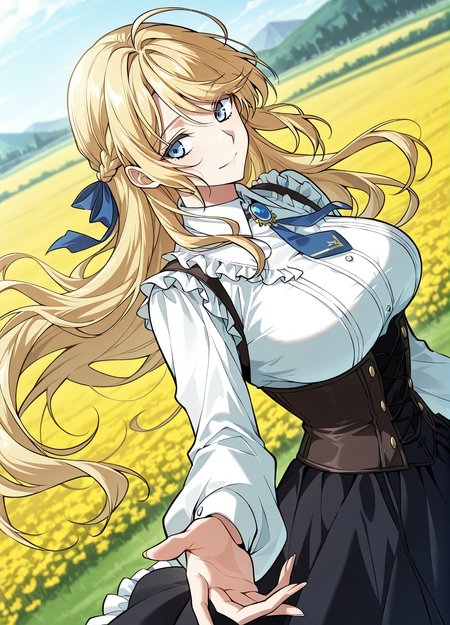 <lora:Kiri_Frodmain Illustrious:1>
1 girl, solo, blue eyes, blonde hair, long hair, loose hair, french braid, bangs, large breasts
black skirt, white shirt, ahoge, blue ribbon, long sleeves, hair ribbon, brooch, jewelry, corset, high-waist skirt, blue necktie, collared shirt, frills
score_9, score_8_up, score_7_up, very aesthetic, source_anime, detailed, high quality, beautiful, masterpiece, detailed eyes, field, blurry background, pose dynamic angle, upper body, cowboy shot, light smile, looking back, reaching out, floating hair