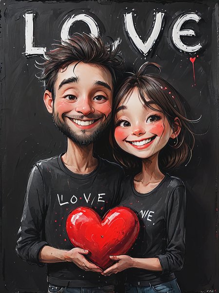 impactful color paint of cute drawing of extremely detailed Man with woman happy face , man holding big red heart with (text: "LOVE":1.2) on the black wall ,     <lora:Cute_Drawing:0.65>