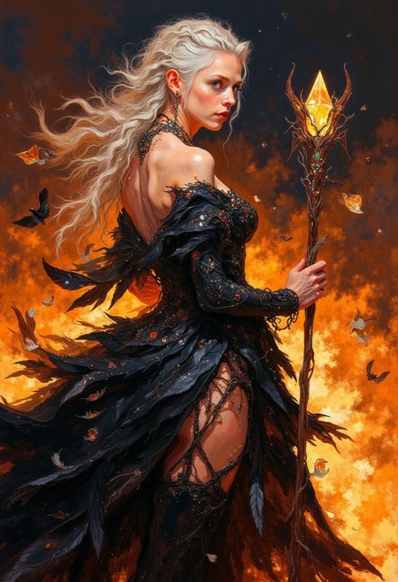 oil painting of 
A formidable witch queen with braided silver hair and eyes that blaze with arcane power stands before a towering bonfire. Her dark, elegant gown is adorned with feathers and gemstones, and her staff is crowned with a crystal that pulses with light. Her beauty is both regal and fearsome, commanding the respect and loyalty of all who gaze upon her, 
occult lingerie, full view of her booty, big booty, big butt, naughty, looking over her shoulder, seducing with her big butt, sexy ass seductive wide hips, butt cheeks, twerk,
, visible brushstrokes, atmospheric haze, low key, moody lighting,watercolors,DB4RZ, DB4RZ style painting