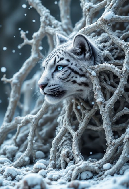 masterpiece, hyperrealism, snow leopard goddess of death and decay, side view, abstract background with geometric winter shapes, various snow flakes, mixing, fractal patterns, winter, compact camera, 800mm lens, detailed, photography, aidmafluxpro1.1. HD32K, hyper detail, best quality. Micro details, facture surface, detail snow and ground