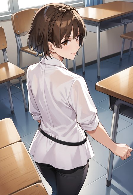 score_9, score_8_up, source_anime
1 girl, solo, cute face,
p5makoto, brown hair, short hair, crown braid,
p5makoto-sumcas, shirtdress, long shirt, white shirt, black pants, capri pants, black belt, thin belt, loose belt, casual, leggings, 
classroom, standing, smile, looking at viewer, from behind, looking back, high angle,
masterpiece, best quality, ultra detailed,
